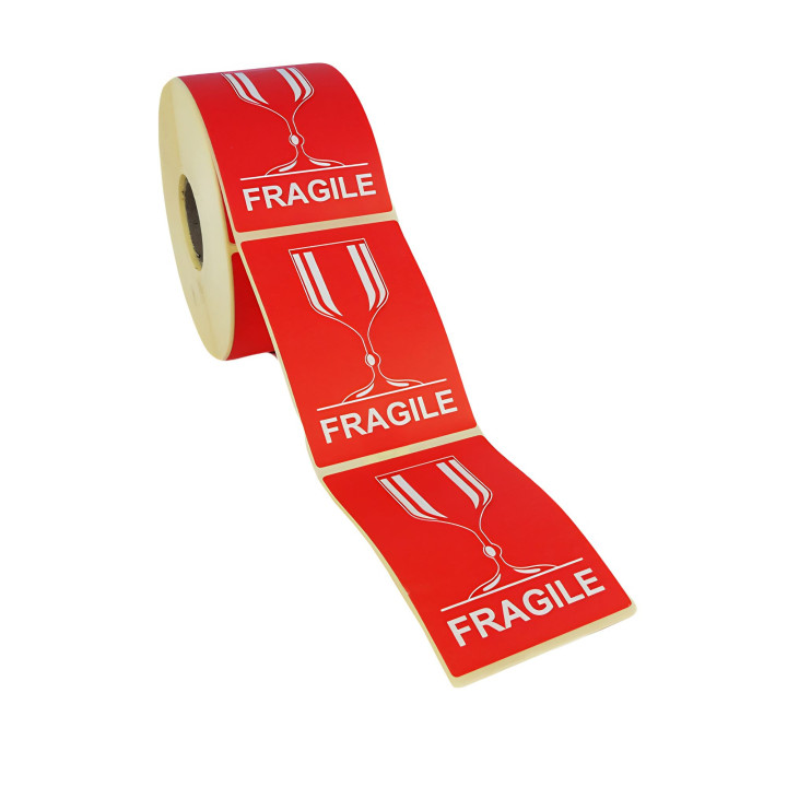 fragile emballage étiquette signalétique attention rouge emballer sac  plastique cello film noir envoyer transport Stock Photo