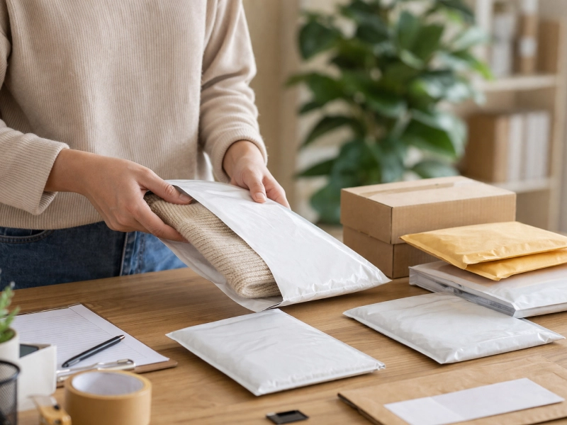 Emballage e-commerce textile avec pochette d’expédition souple