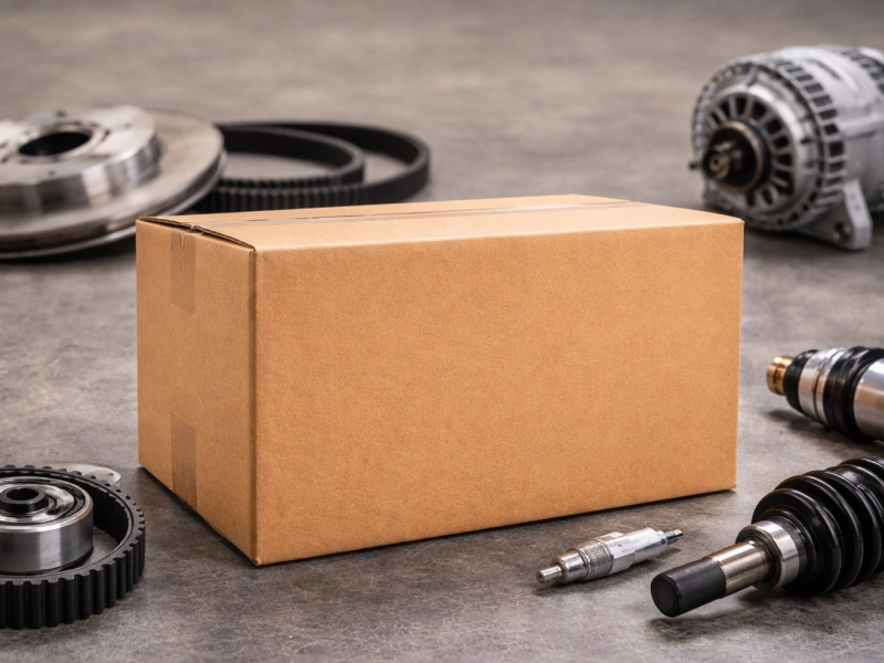 Carton d’emballage kraft pour expédition de pièces automobiles entouré de composants mécaniques