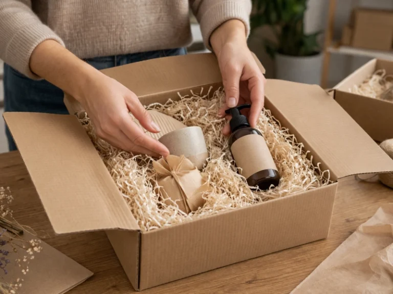 Coffret cadeau en carton kraft avec frisures de papier de calage, flacons et produits emballés dans un emballage écologique e-commerce