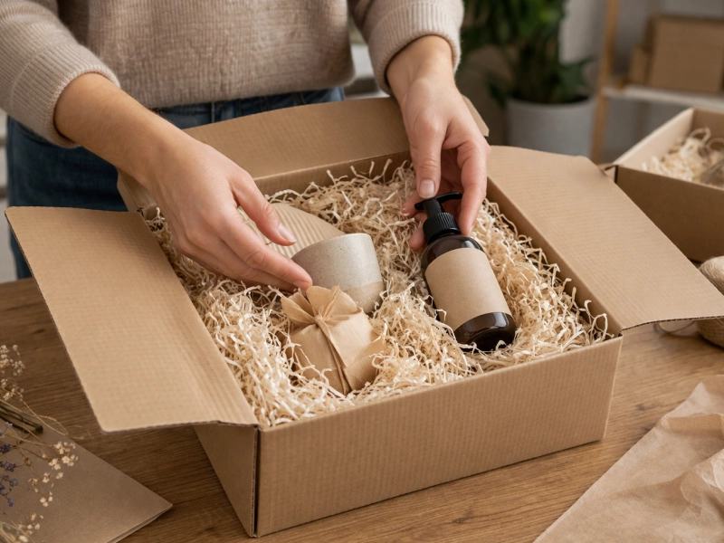 Coffret cadeau en carton kraft avec frisures de papier de calage, flacons et produits emballés dans un emballage écologique e-commerce