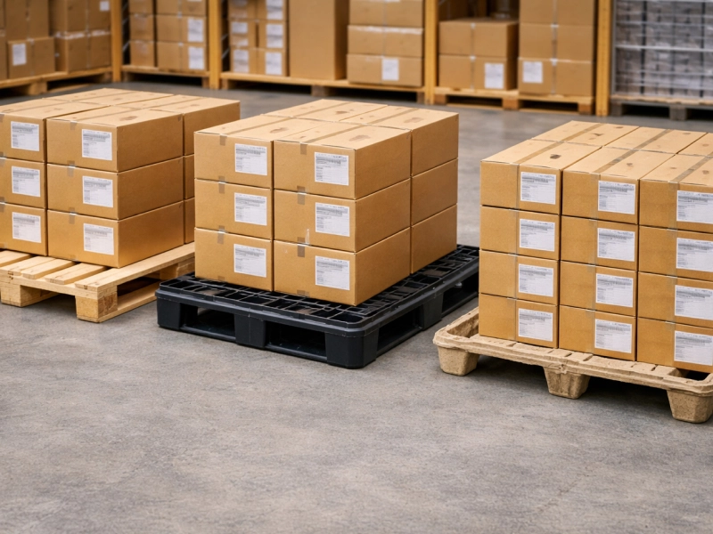 présentation de différentes palettes, bois, plastique et moulée