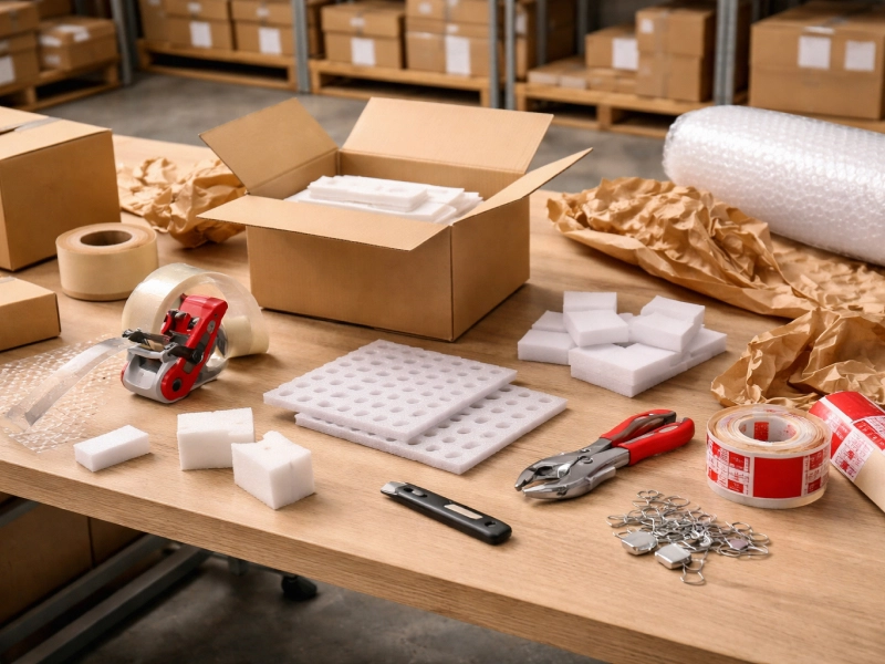 plusieurs produits pour l'emballage sont disposés sur une table