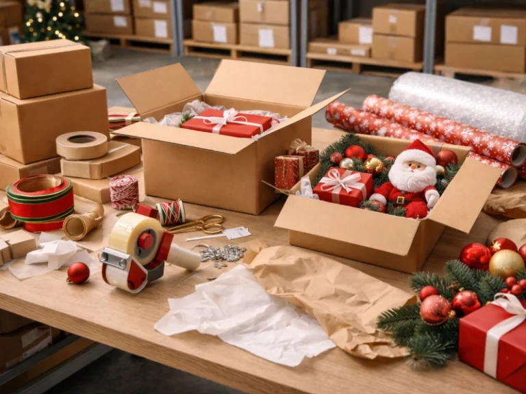 plusieurs emballages et produits de noël rouges et verts sont sur une table