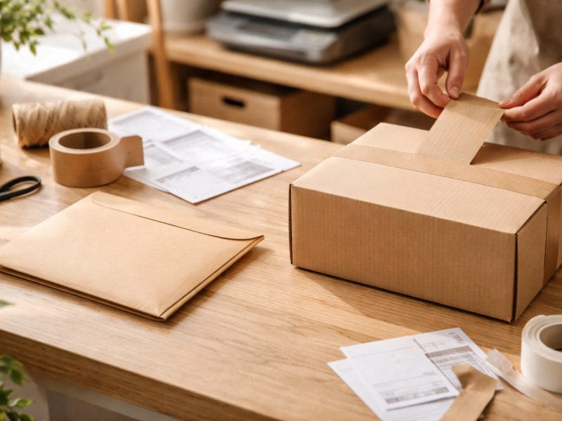 Emballage e-commerce responsable avec carton d’expédition et pochette kraft