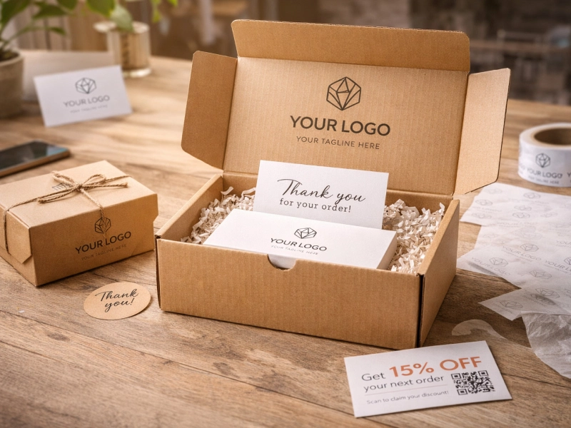 Packaging e-commerce personnalisé avec boîte d’expédition en carton, carte de remerciement et supports de marque pour unboxing client