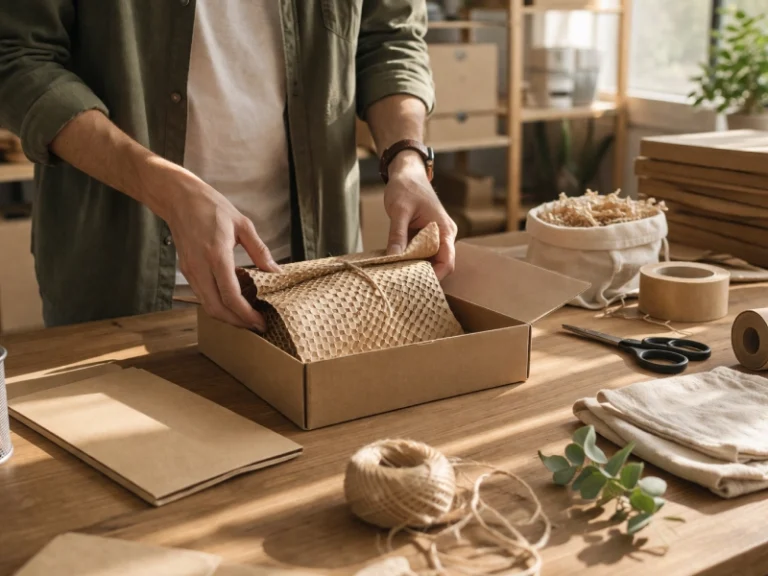E-commerçant emballant un produit avec protection papier kraft alvéolé