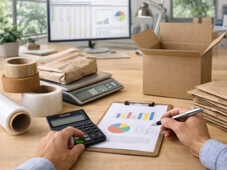 calcul du coût de l'emballage avec une calculatrice et des notes