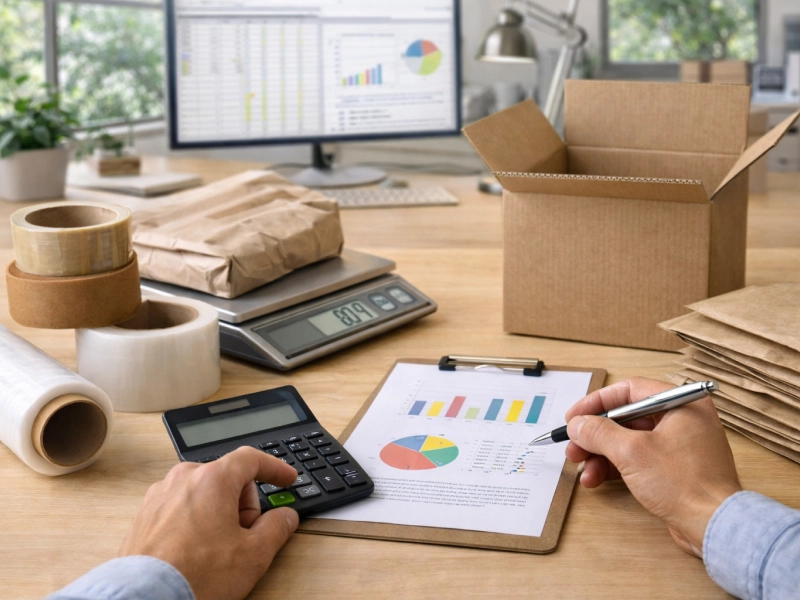 calcul du coût de l'emballage avec une calculatrice et des notes