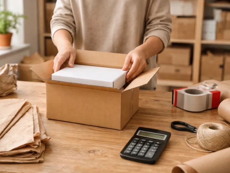 Personne préparant un colis dans une boîte carton d’expédition sur table d’emballage