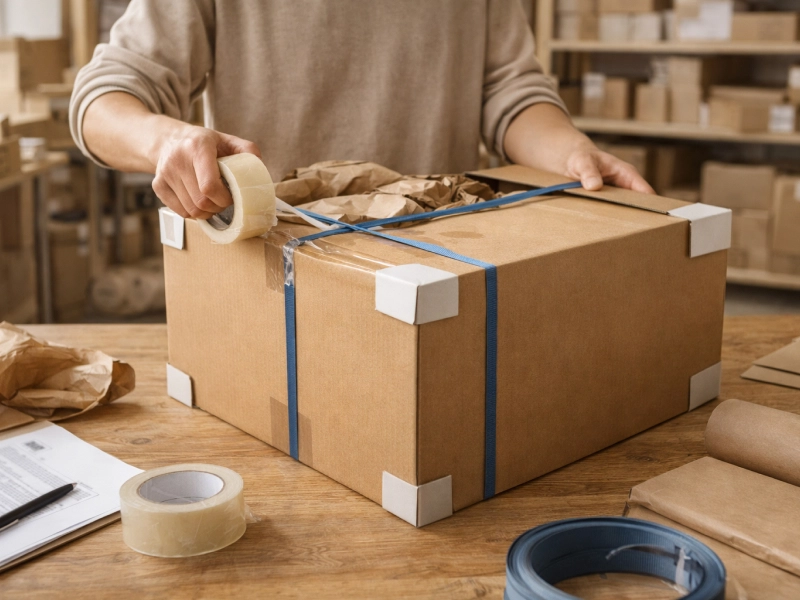 Préparation d’un colis volumineux en carton avec calage papier, cerclage et adhésif pour expédition sécurisée