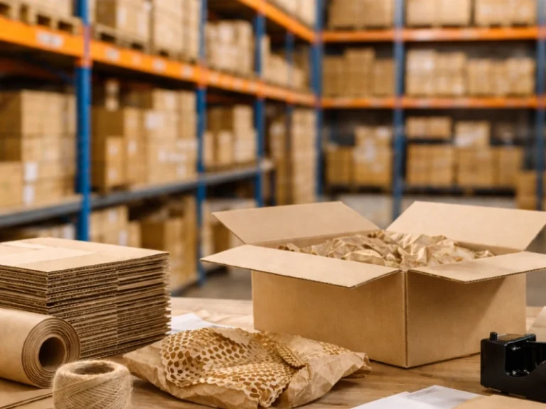 Emballages d’expédition en carton dans un entrepôt logistique avec caisse carton, papier de calage et boîtes d’emballage