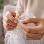 une personne éclate du papier bulle avec les mains