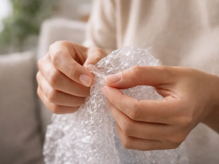 une personne éclate du papier bulle avec les mains