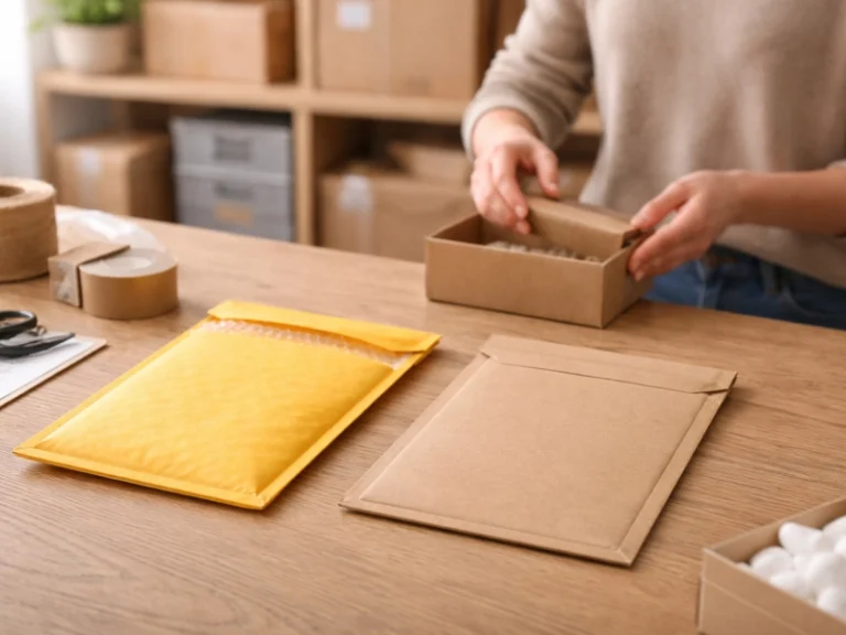 une enveloppe bulle et une enveloppe carton posées sur une table