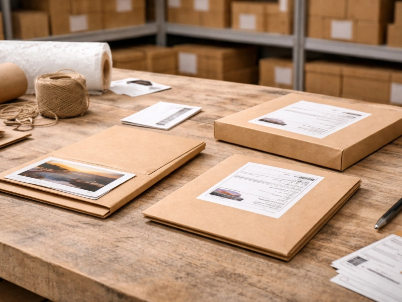 des enveloppes cartons sont disposées sur une table en bois