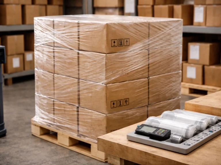 une palette entourée de film étirable dans un entrepôt