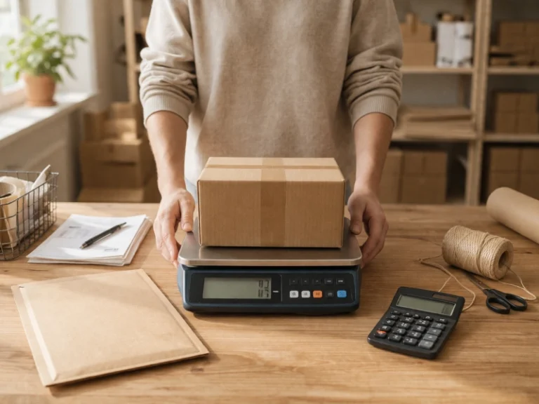 une personne pèse un carton pour calculer ses frais de port