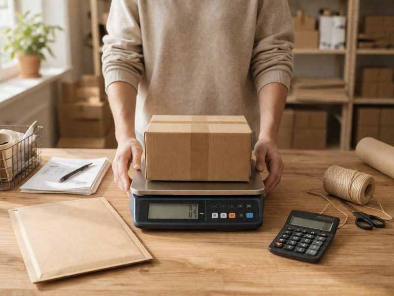 une personne pèse un carton pour calculer ses frais de port