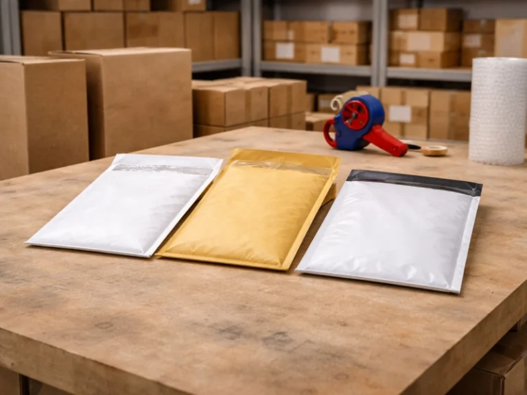 trois pochettes d'expéditions différentes sont posées sur une table en bois