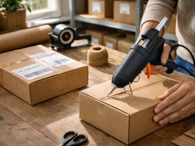 une personne utilise un pistolet à colle pour fermer un carton