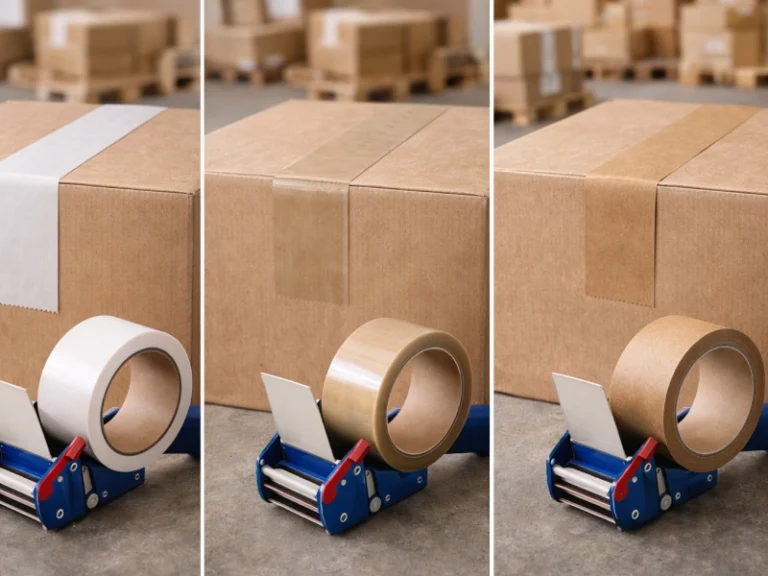 trois adhésifs sont présentés devant des cartons