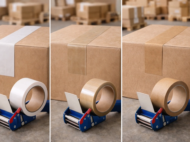 trois adhésifs sont présentés devant des cartons