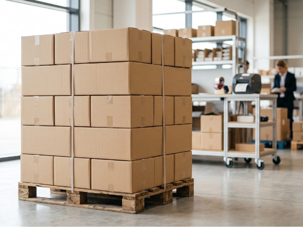 Palette de caisses en carton simple cannelure stockées dans un entrepôt logistique lumineux.