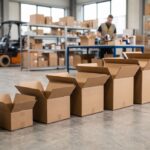 Différents formats de cartons d'emballage alignés par taille du plus petit au plus grand dans un entrepôt.