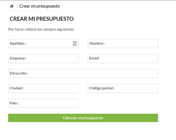 pantalla de creación de un presupuesto