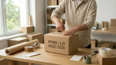 Colis carton marqué PPWR et loi AGEC 2026 en cours de fermeture